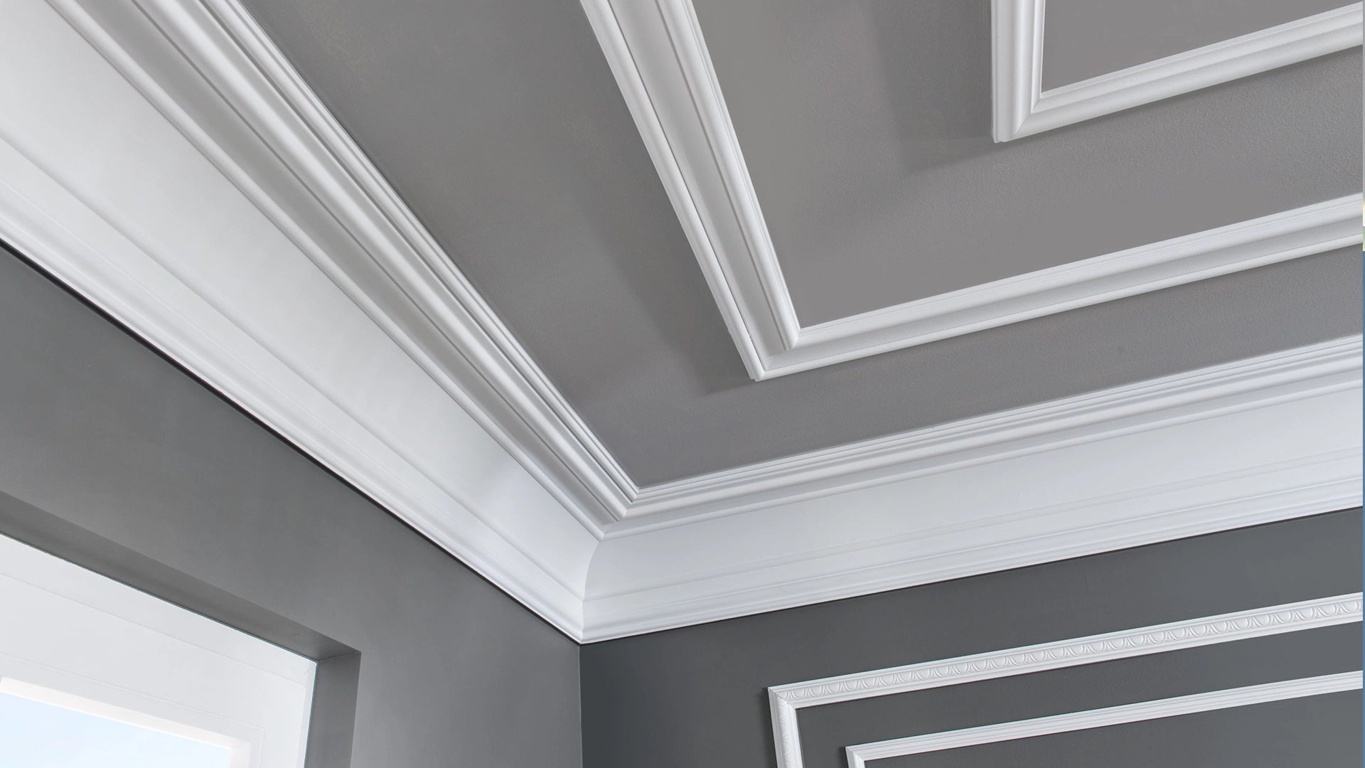 NMC Ceiling Coving and cornice collection on grey wall Decormania UK